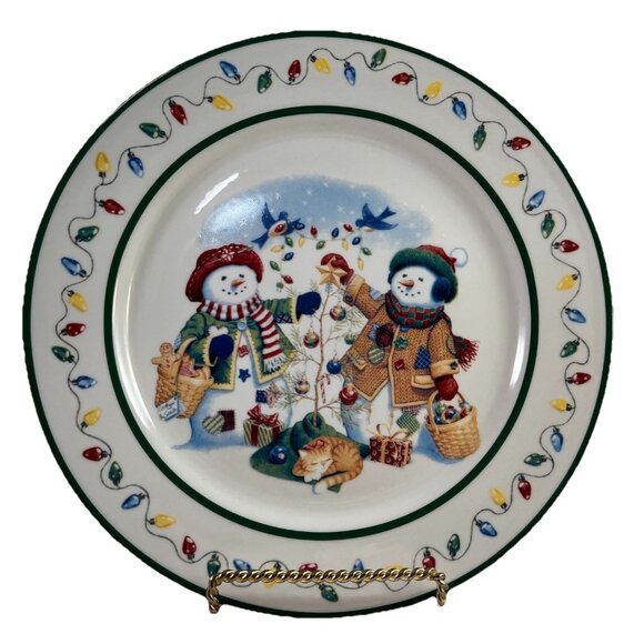Longaberger Pottery Flurry & Snowball Cookie Plate Christmas 1999 Snow Friends - Picture 1 of 10